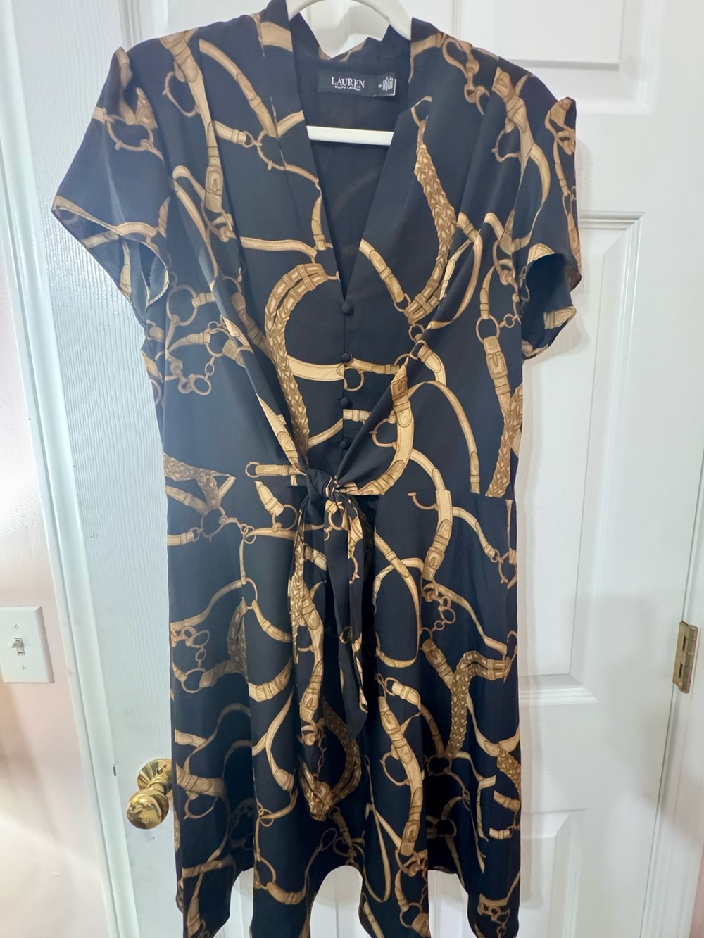 Lauren Ralph Lauren Makeda Dress Black Gold Chain Print Tie Front Mini Dress 14 - Picture 3 of 8